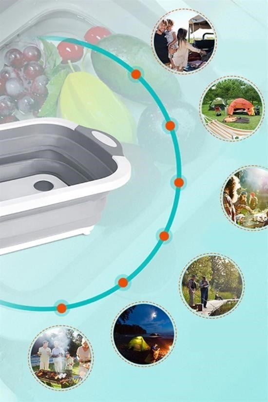 Katlanabilir Süzgeçli Kesme Tahtası ve Badya Leğen – Çok Amaçlı Pratik Mutfak Gereci