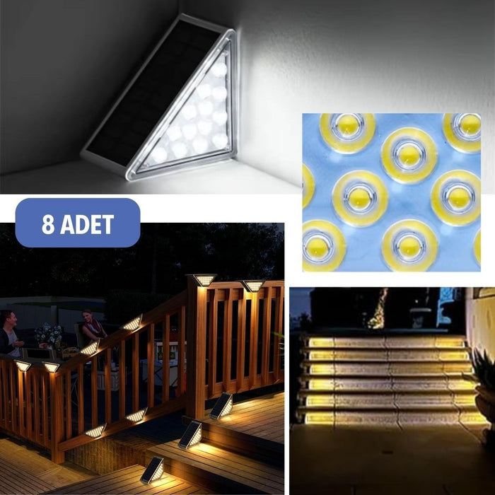 8 Adet Üçgen Güneş Enerjili Solar Basamak ve Köşe Lambası – Dış Mekan Su Geçirmez Aydınlatma görsel 3