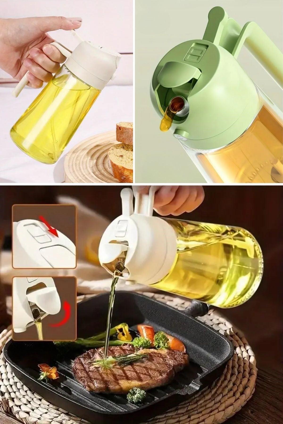 2’si 1 Arada Cam Yağdanlık – Yağ Dökücü ve Sprey Püskürtücülü Şişe