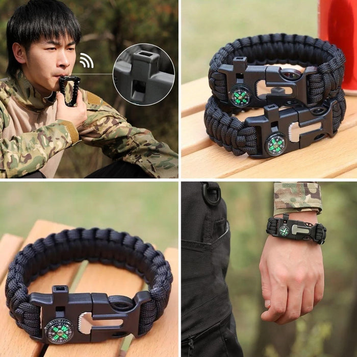 5’i 1 Arada Çok Fonksiyonlu Hayatta Kalma Bilekliği – Pusula, Düdük, Çakmak Taşı & Paraşüt İpi görsel 1