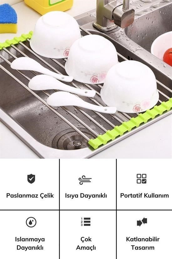 Evye Üstü Katlanır Paslanmaz Çelik Sebze, Meyve ve Bulaşık Kurutma Süzgeci görsel 2