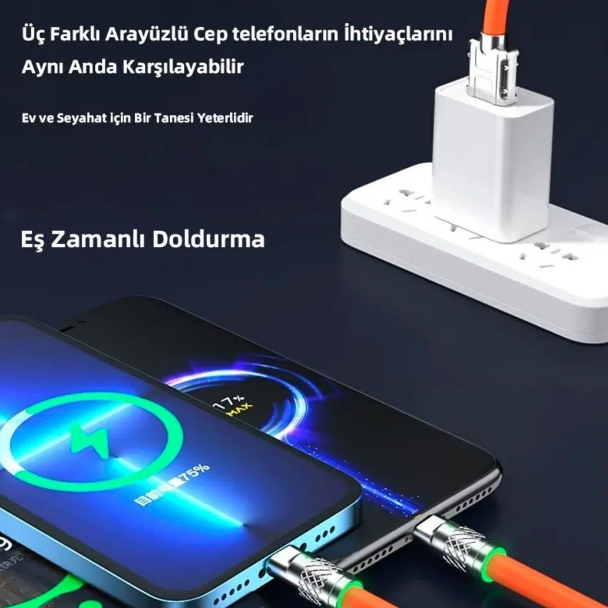 3’ü 1 Arada Type-C + Micro USB + Lightning Hızlı Şarj Kablosu – 1 Metre Silikon Kablo
