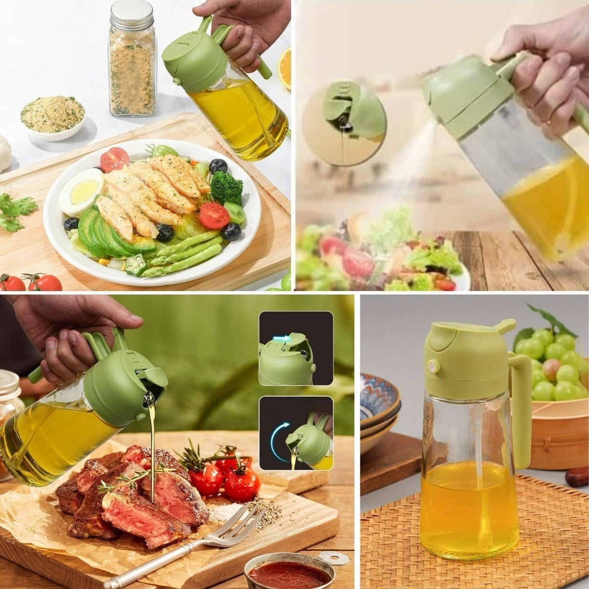 2’si 1 Arada Cam Yağdanlık – Yağ Dökücü ve Sprey Püskürtücülü Şişe