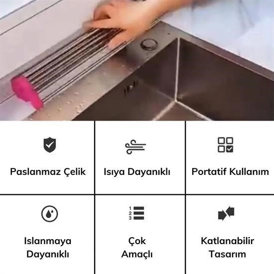 Evye Üstü Katlanır Paslanmaz Çelik Sebze, Meyve ve Bulaşık Kurutma Süzgeci