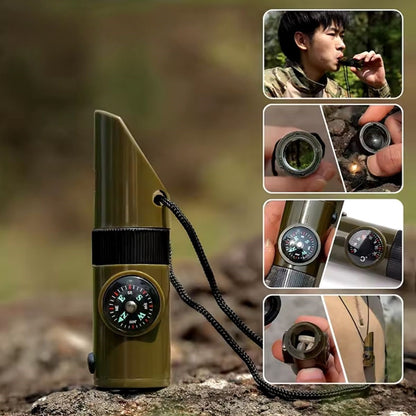 7’si 1 Arada Acil Durum Düdüğü – El Feneri, Termometre, Pusula, Büyüteç ve Depolama Bölmeli