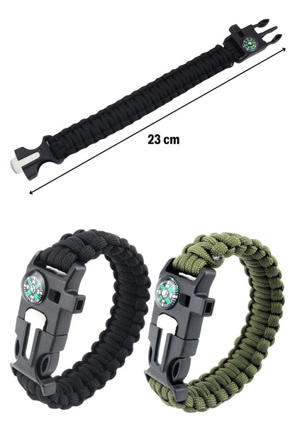 5’i 1 Arada Çok Fonksiyonlu Hayatta Kalma Bilekliği – Pusula, Düdük, Çakmak Taşı & Paraşüt İpi