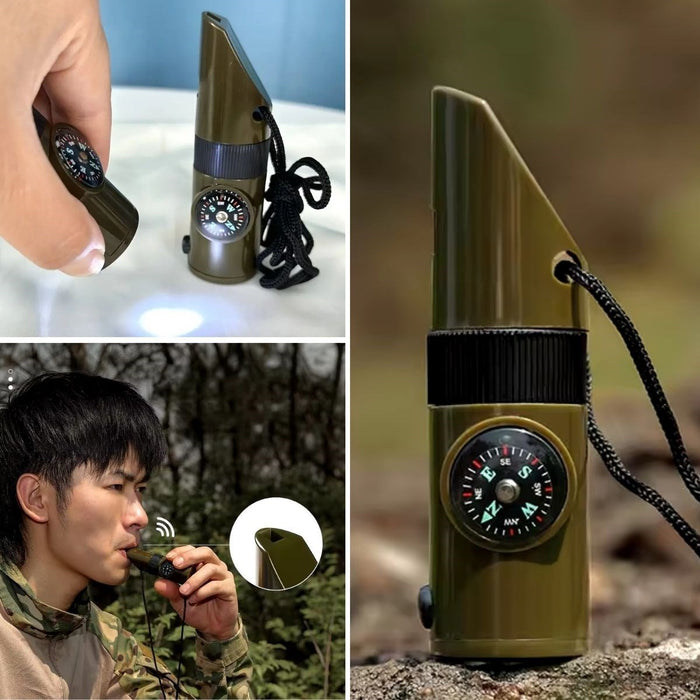 7’si 1 Arada Acil Durum Düdüğü – El Feneri, Termometre, Pusula, Büyüteç ve Depolama Bölmeli