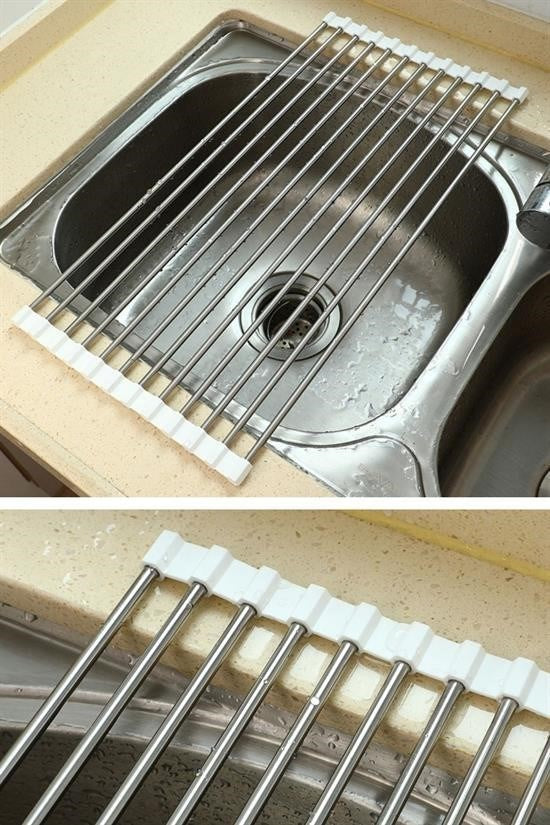 Evye Üstü Katlanır Paslanmaz Çelik Sebze, Meyve ve Bulaşık Kurutma Süzgeci