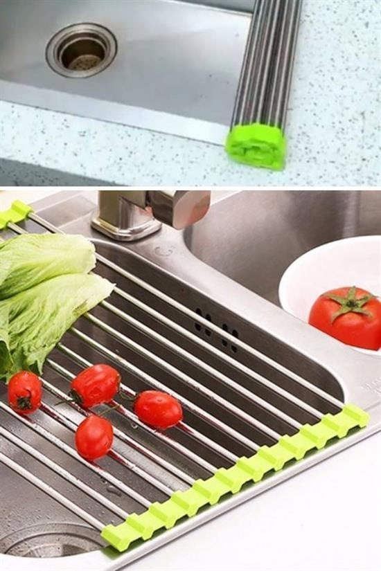 Evye Üstü Katlanır Paslanmaz Çelik Sebze, Meyve ve Bulaşık Kurutma Süzgeci