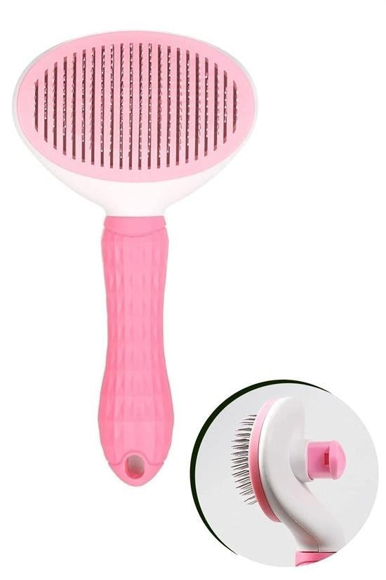 Kedi ve Köpek Tüy Toplayıcı – Kendini Temizleyebilen Ergonomik Saplı Evcil Hayvan Tarağı Pembe