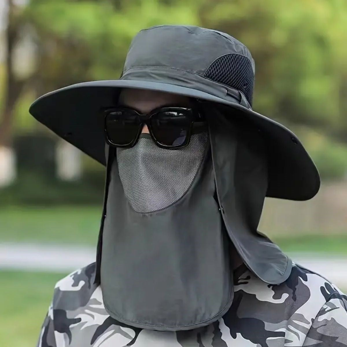 Güneş Koruyuculu Nefes Alabilen Maskeli ve Boyun Kapaklı Geniş Kenarlı Balıkçı Şapkası