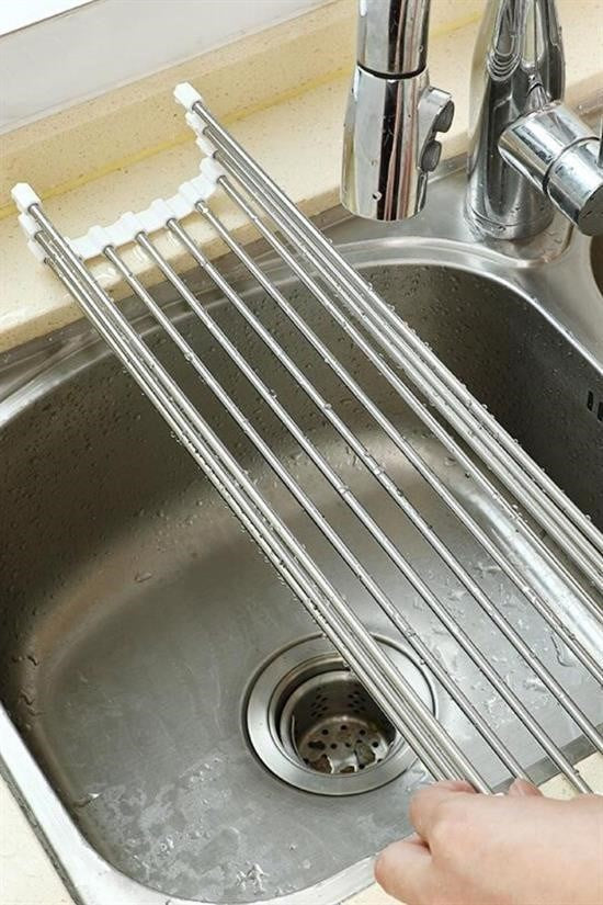 Evye Üstü Katlanır Paslanmaz Çelik Sebze, Meyve ve Bulaşık Kurutma Süzgeci