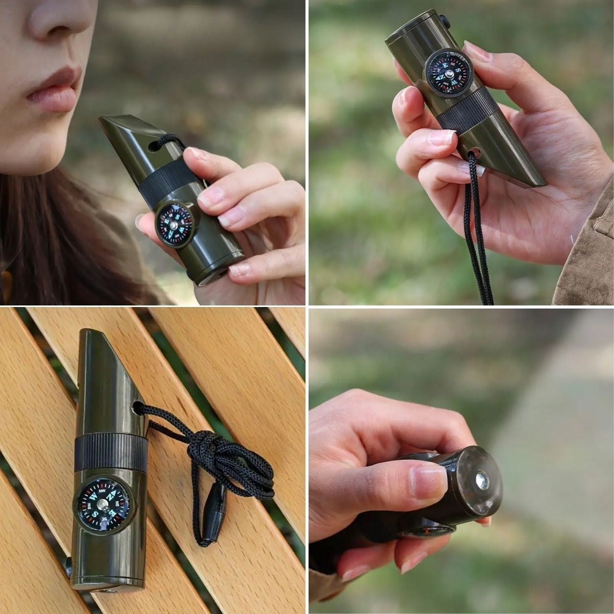 7’si 1 Arada Acil Durum Düdüğü – El Feneri, Termometre, Pusula, Büyüteç ve Depolama Bölmeli