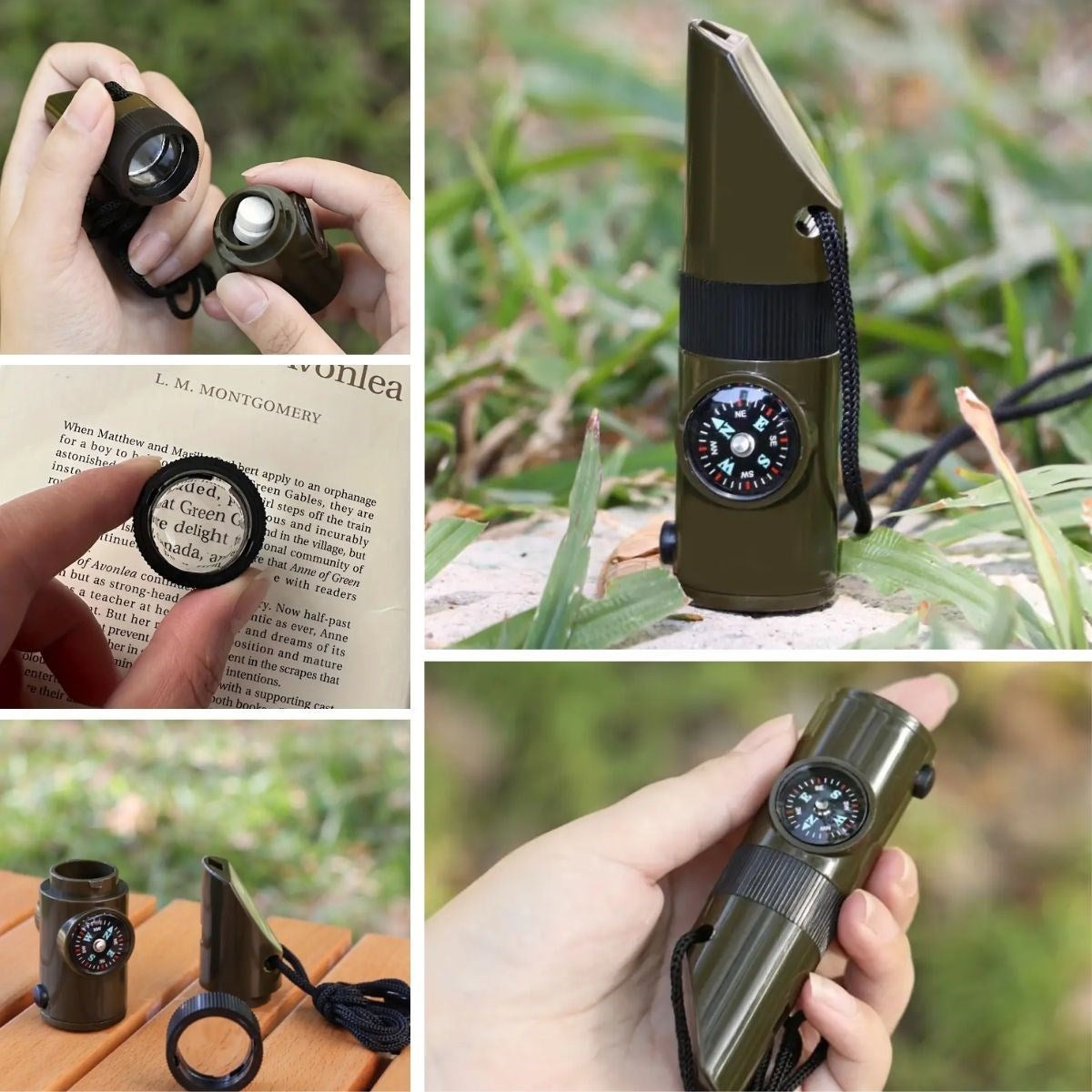 7’si 1 Arada Acil Durum Düdüğü – El Feneri, Termometre, Pusula, Büyüteç ve Depolama Bölmeli