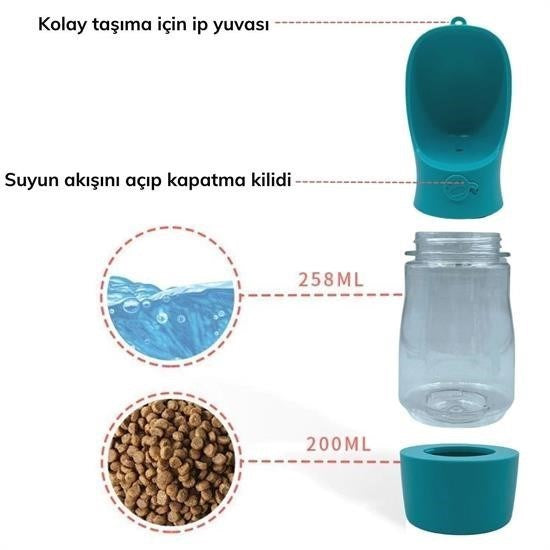Taşınabilir Mama Hazneli Evcil Hayvan Suluğu – Su Sızdırmaz Kilitli Seyahat Kabı 380 ML