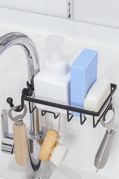 Paslanmaz Çelik Mutfak Banyo Musluğuna Sabitlenebilir Sabunluk ve Sünger Tutucu Aparat