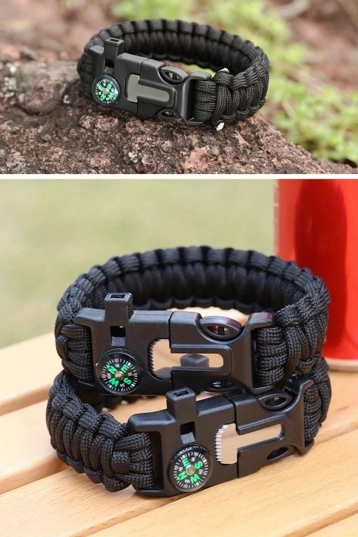 5’i 1 Arada Çok Fonksiyonlu Hayatta Kalma Bilekliği – Pusula, Düdük, Çakmak Taşı & Paraşüt İpi