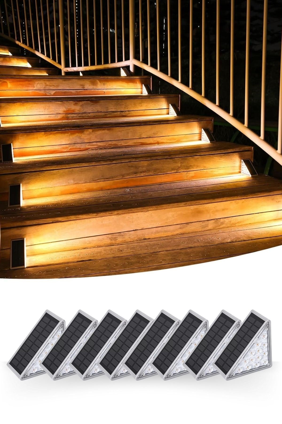 8 Adet Üçgen Güneş Enerjili Solar Basamak ve Köşe Lambası – Dış Mekan Su Geçirmez Aydınlatma