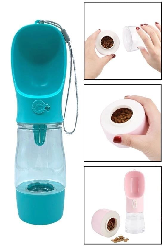 Taşınabilir Mama Hazneli Evcil Hayvan Suluğu – Su Sızdırmaz Kilitli Seyahat Kabı 380 ML