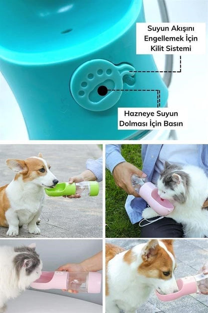Taşınabilir Mama Hazneli Evcil Hayvan Suluğu – Su Sızdırmaz Kilitli Seyahat Kabı 380 ML