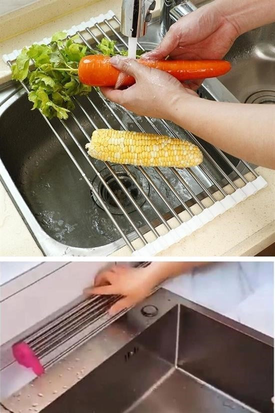 Evye Üstü Katlanır Paslanmaz Çelik Sebze, Meyve ve Bulaşık Kurutma Süzgeci