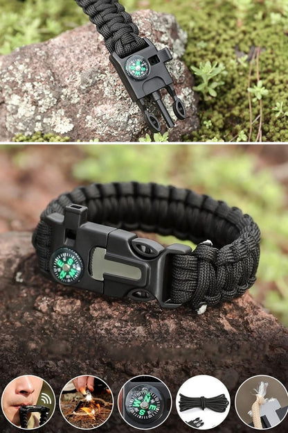5’i 1 Arada Çok Fonksiyonlu Hayatta Kalma Bilekliği – Pusula, Düdük, Çakmak Taşı & Paraşüt İpi