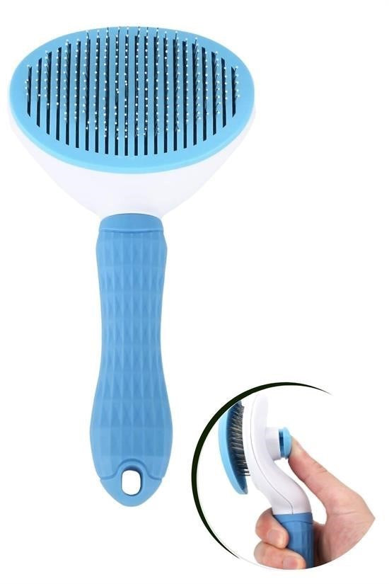 Kedi ve Köpek Tüy Toplayıcı – Kendini Temizleyebilen Ergonomik Saplı Evcil Hayvan Tarağı Mavi görsel 1