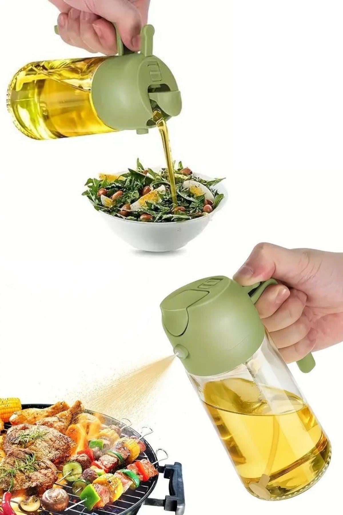 2’si 1 Arada Cam Yağdanlık – Yağ Dökücü ve Sprey Püskürtücülü Şişe