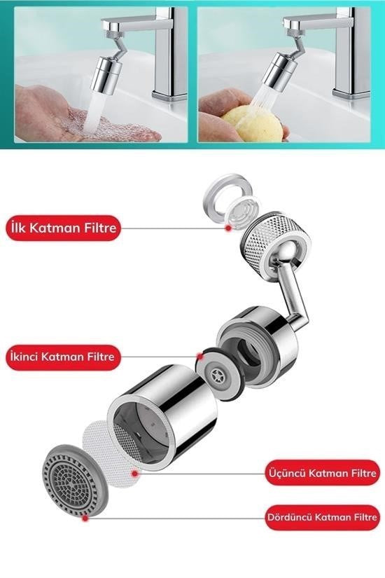 720 Derece Dönebilen 4 Filtreli Musluk Başlığı – Tüm Musluk Tipleri ile Uyumlu