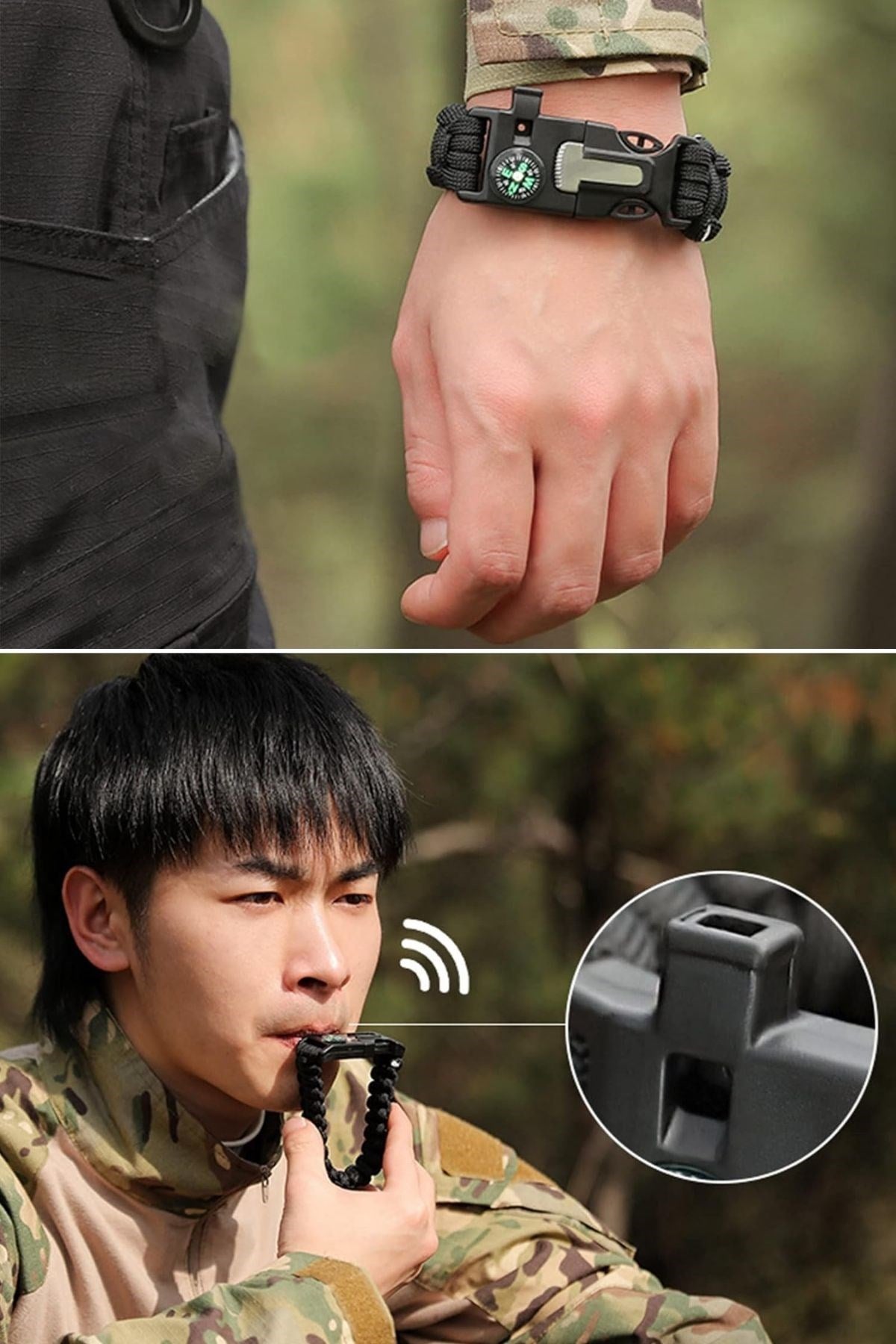 5’i 1 Arada Çok Fonksiyonlu Hayatta Kalma Bilekliği – Pusula, Düdük, Çakmak Taşı & Paraşüt İpi