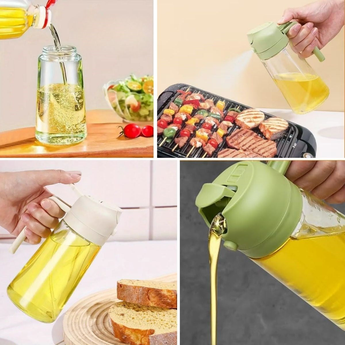 2’si 1 Arada Cam Yağdanlık – Yağ Dökücü ve Sprey Püskürtücülü Şişe