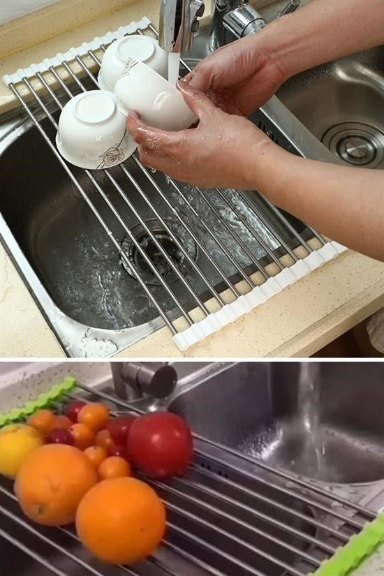 Evye Üstü Katlanır Paslanmaz Çelik Sebze, Meyve ve Bulaşık Kurutma Süzgeci