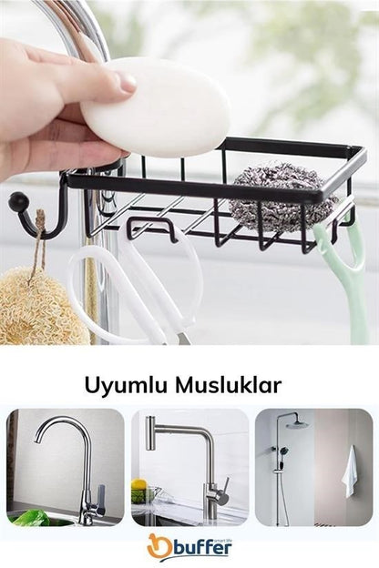 Paslanmaz Çelik Mutfak Banyo Musluğuna Sabitlenebilir Sabunluk ve Sünger Tutucu Aparat