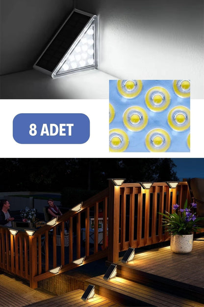 8 Adet Üçgen Güneş Enerjili Solar Basamak ve Köşe Lambası – Dış Mekan Su Geçirmez Aydınlatma