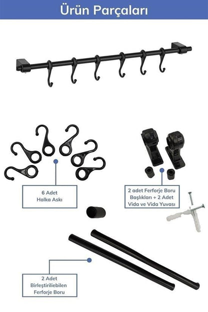 Duvara Monte Edilen 6 Kancalı Dekor Kaşıklık ve Kupa Askısı